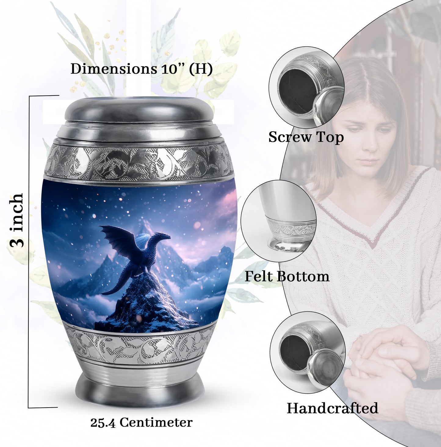 Twilight Blue Dragon Cremation Urn lifestyle display on memorial shelf - royal dragon engraving with decorative scrollwork - mini keepsake memorial for portion of cremation ashes