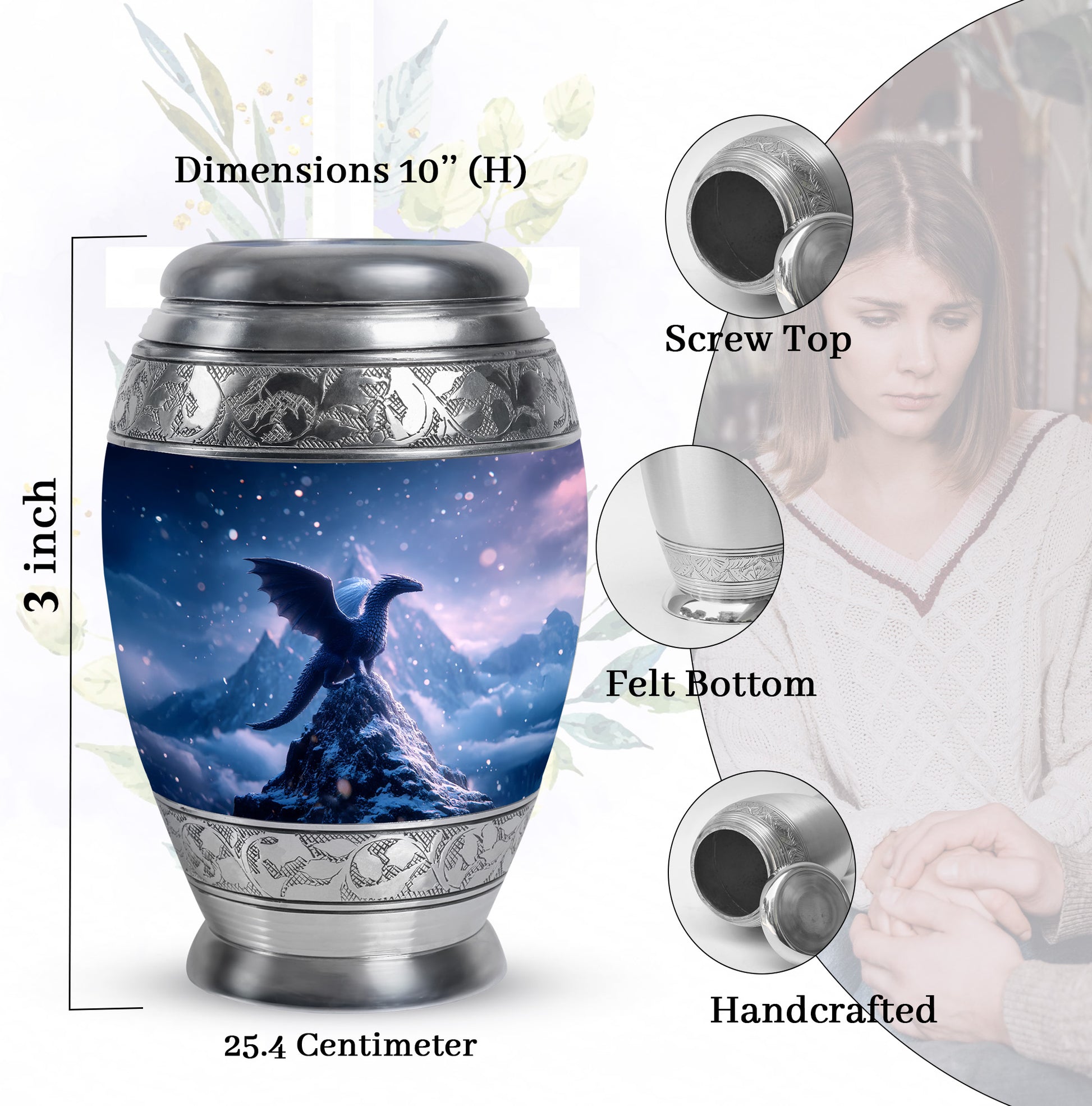 Twilight Blue Dragon Cremation Urn lifestyle display on memorial shelf - royal dragon engraving with decorative scrollwork - mini keepsake memorial for portion of cremation ashes