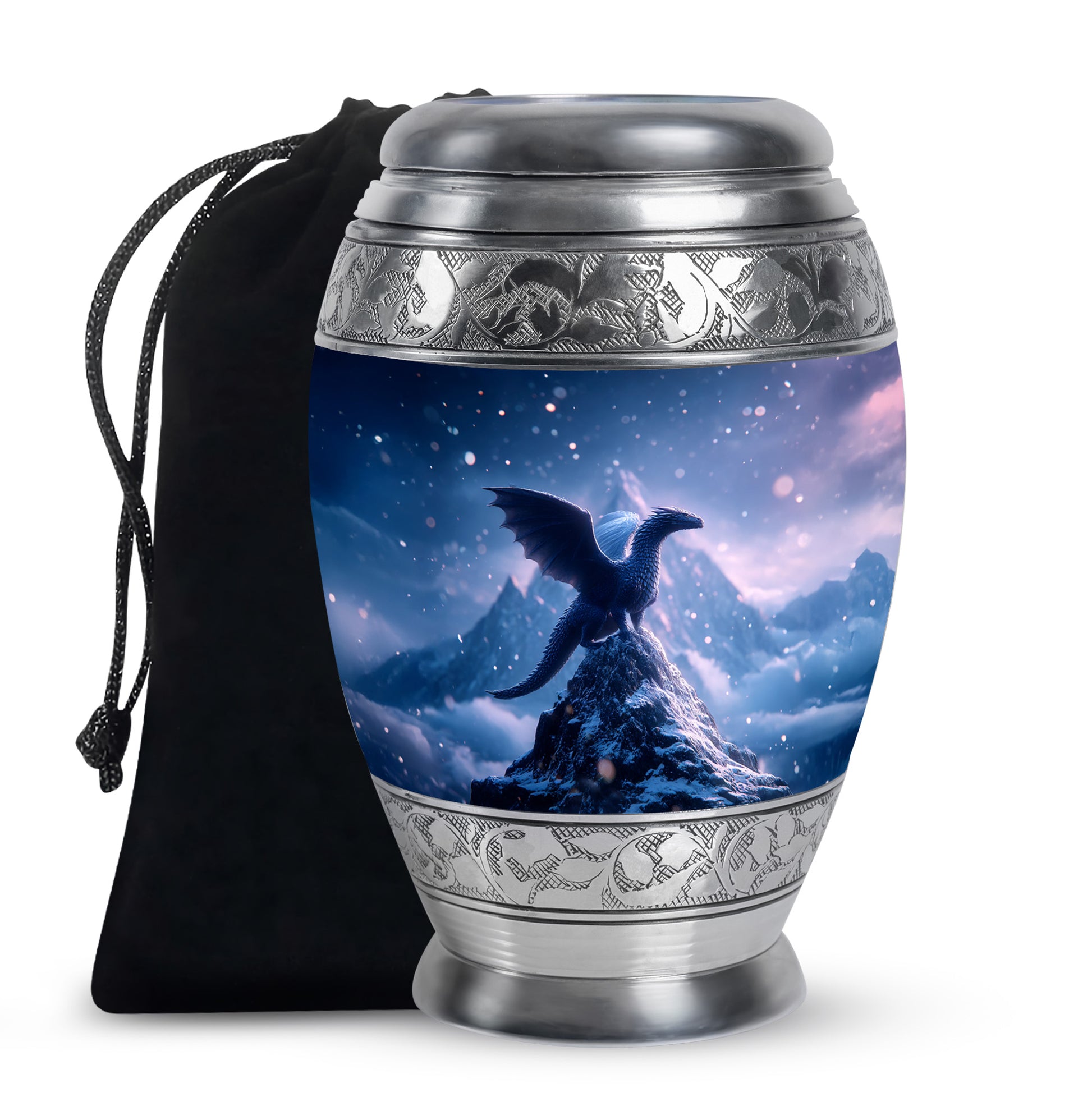 Misty Blue Dragon Cremation Urn back view with polished surface - regal dragon design with crown-inspired accents - full-size 10 inch 200 cubic inch adult cremation urn