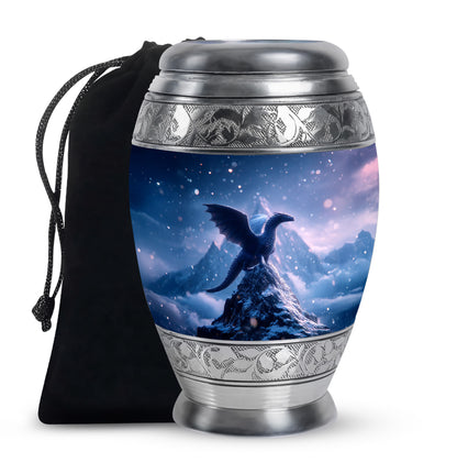 Misty Blue Dragon Cremation Urn back view with polished surface - regal dragon design with crown-inspired accents - full-size 10 inch 200 cubic inch adult cremation urn