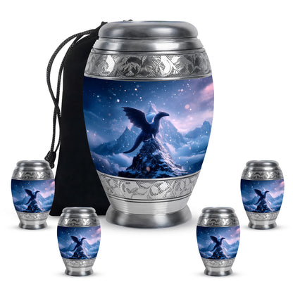 Soft Blue Dragon Cremation Urn detail view - majestic dragon pattern with filigree border - memorial set with one large and four small urns