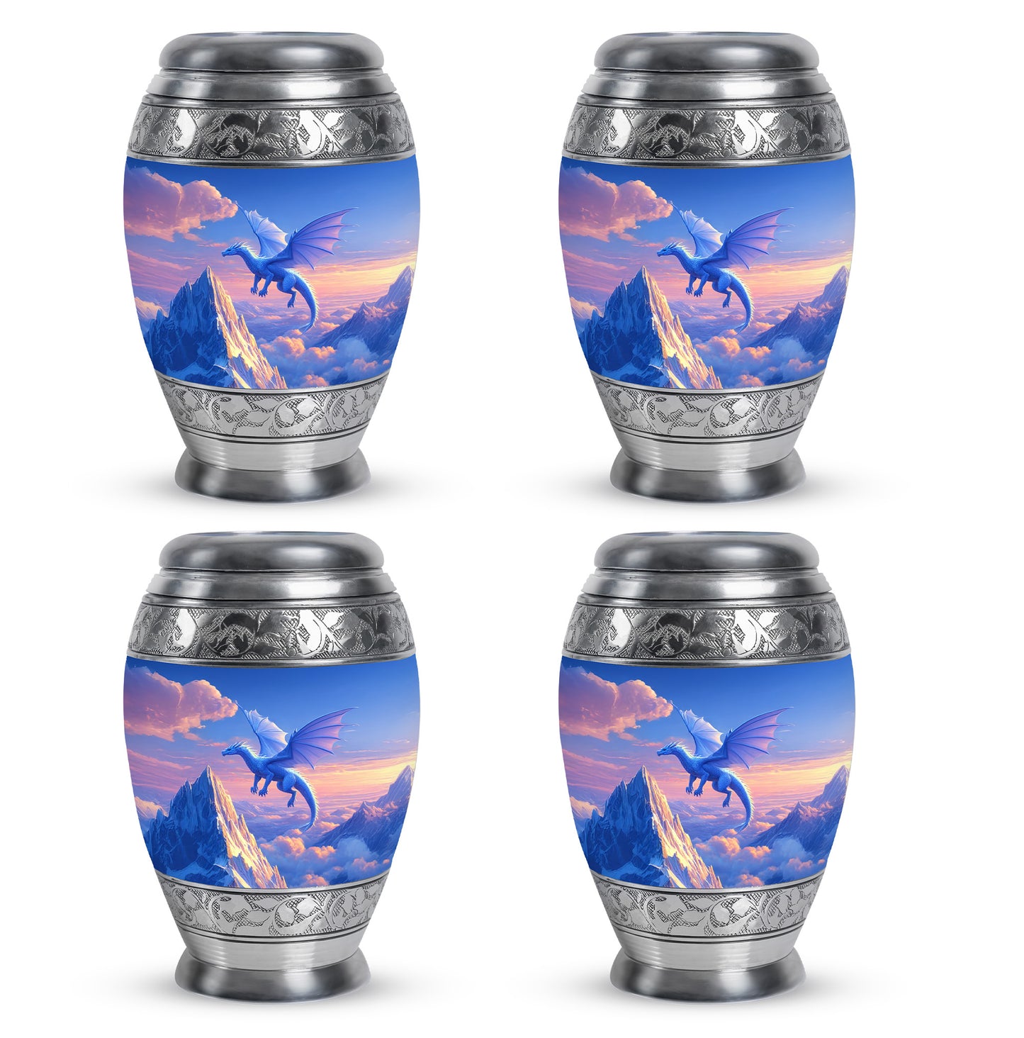 Steel Blue Dragon Cremation Urn urn with complimentary velvet bag - royal dragon engraving with decorative scrollwork - 10 inch aluminum urn for cremated remains