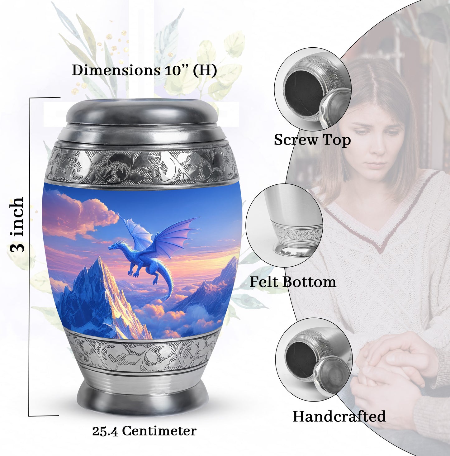 Serene Blue Dragon Cremation Urn lifestyle display on memorial shelf - royal dragon engraving with decorative scrollwork - mini keepsake memorial for portion of cremation ashes