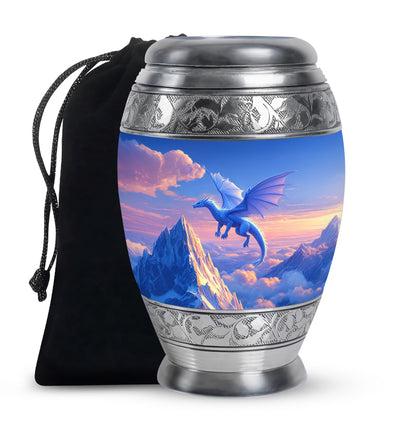 Soft Blue Dragon Cremation Urn back view with polished surface - majestic dragon pattern with filigree border - full-size 10 inch 200 cubic inch adult cremation urn