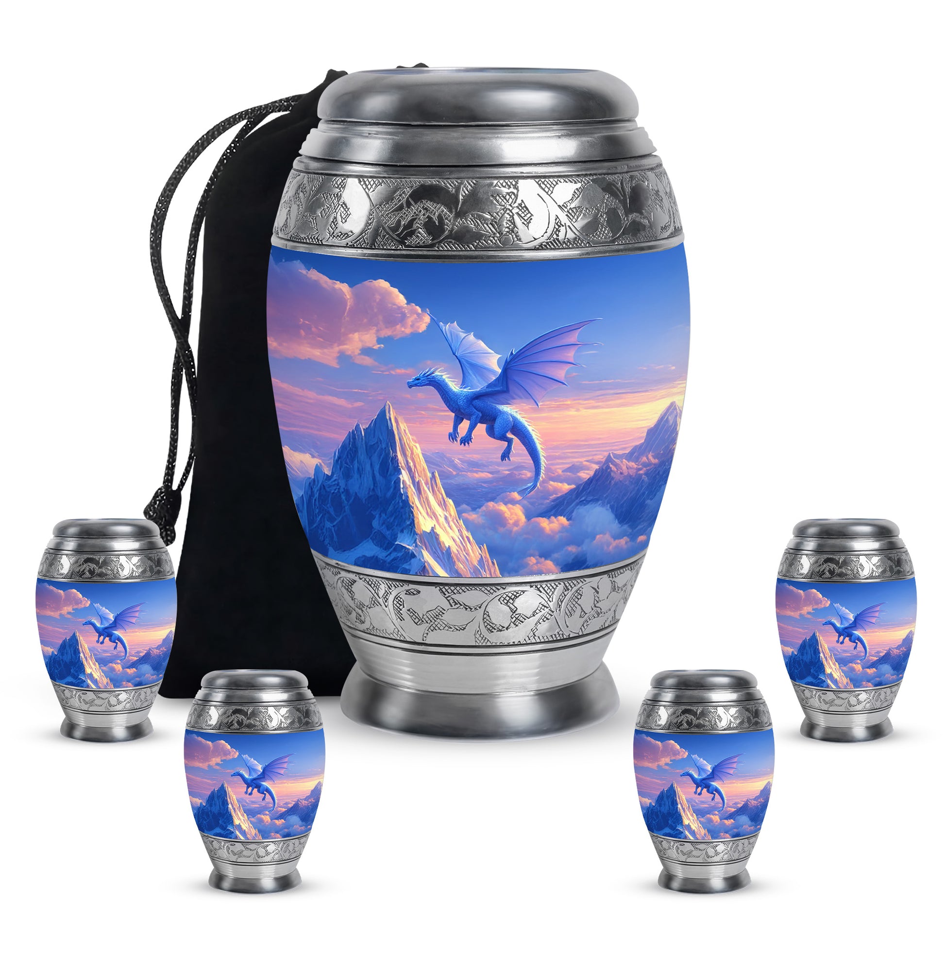 Steel Blue Dragon Cremation Urn detail view - majestic dragon pattern with filigree border - memorial set with one large and four small urns