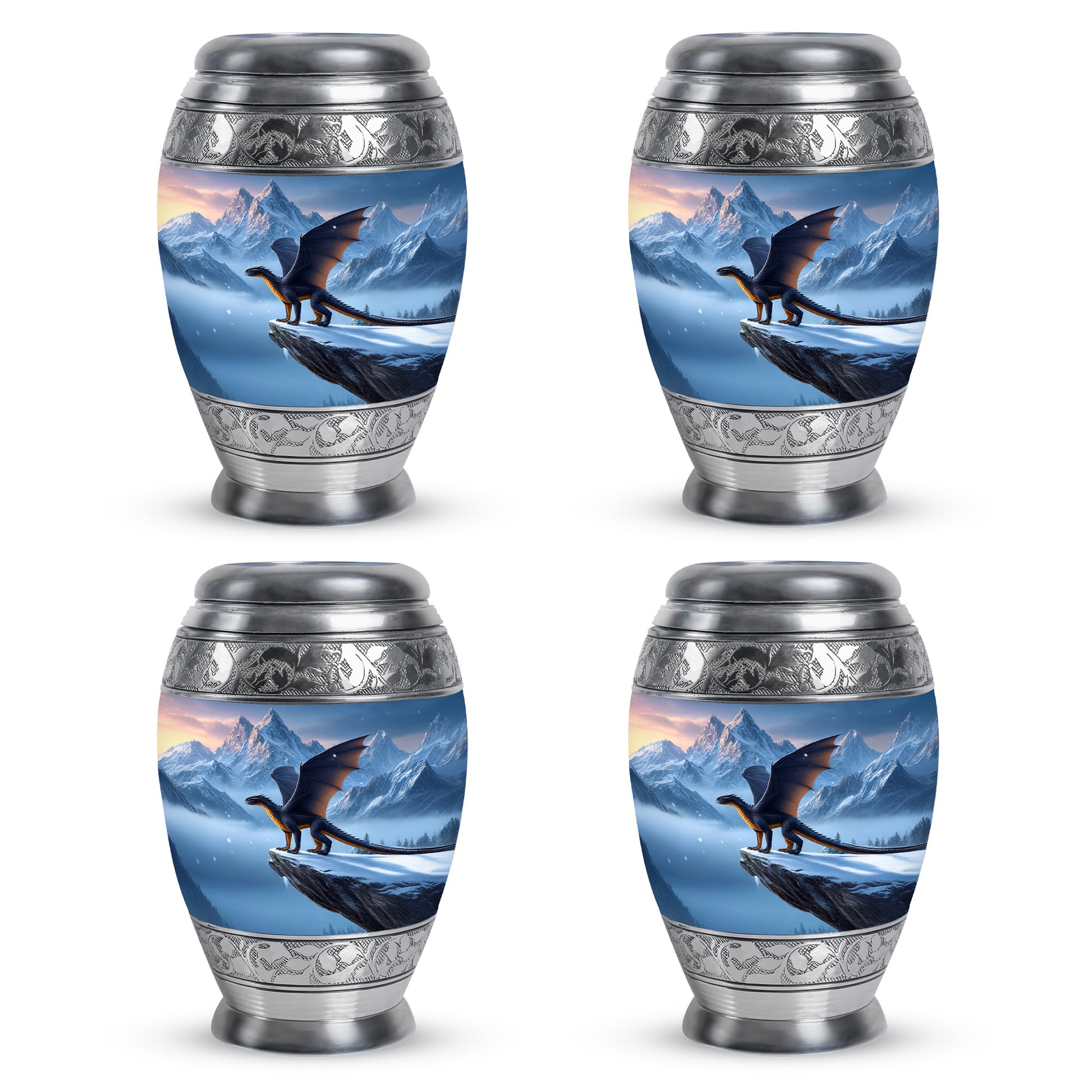 Steel Blue Dragon Cremation Urn urn with complimentary velvet bag - majestic dragon pattern with filigree border - 10 inch aluminum urn for cremated remains