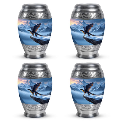 Steel Blue Dragon Cremation Urn urn with complimentary velvet bag - majestic dragon pattern with filigree border - 10 inch aluminum urn for cremated remains