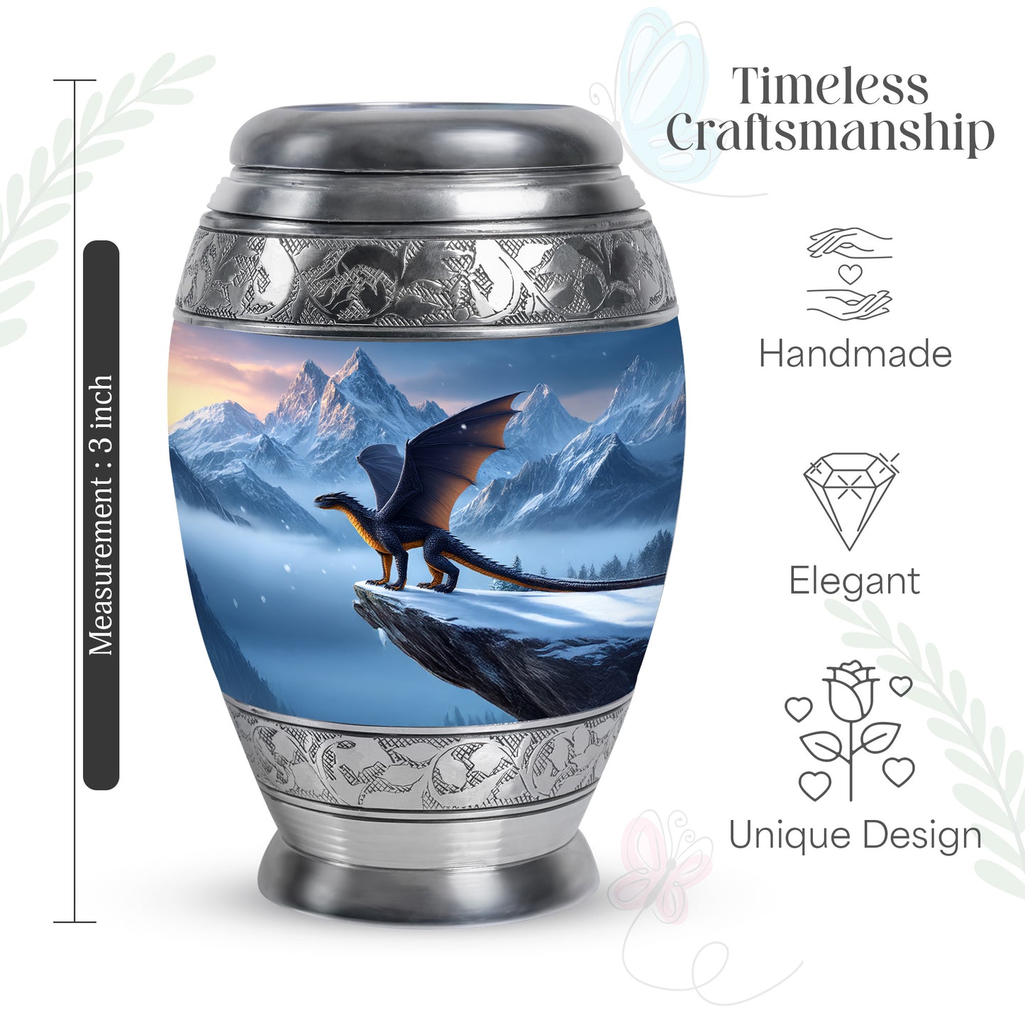 Misty Blue Dragon Cremation Urn lifestyle display on memorial shelf - regal dragon design with crown-inspired accents - mini keepsake memorial for portion of cremation ashes
