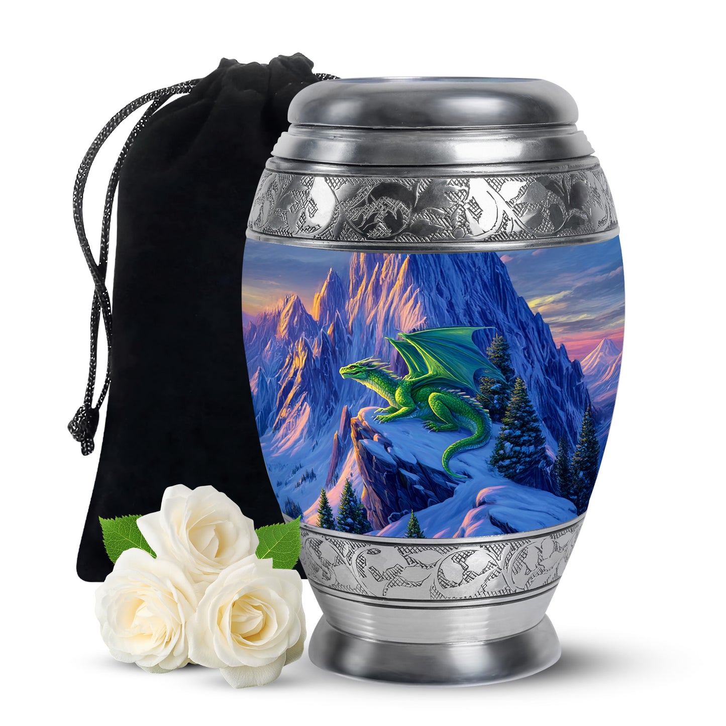 Serene Blue Dragon Cremation Urn back view with polished surface - royal dragon engraving with decorative scrollwork - full-size 10 inch 200 cubic inch adult cremation urn