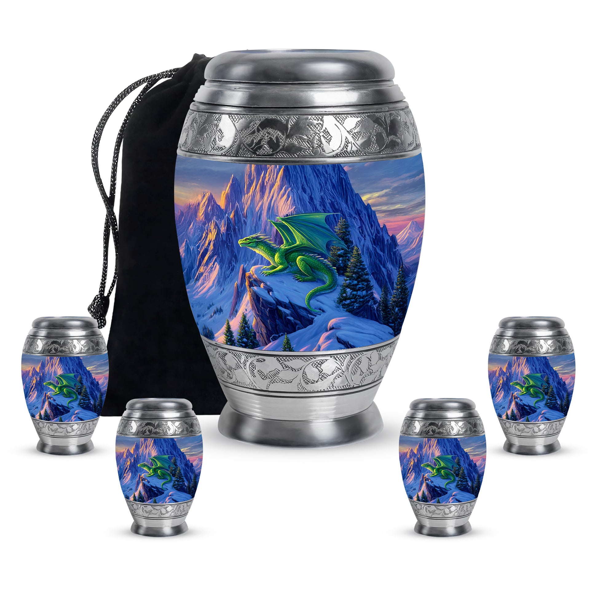 Cornflower Blue Dragon Cremation Urn detail view - royal dragon engraving with decorative scrollwork - memorial set with one large and four small urns