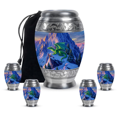 Cornflower Blue Dragon Cremation Urn detail view - royal dragon engraving with decorative scrollwork - memorial set with one large and four small urns