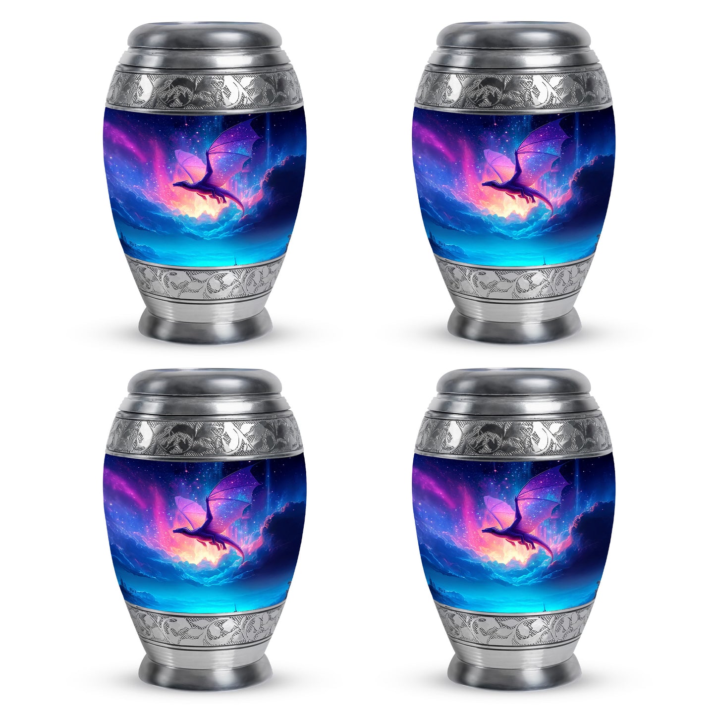 Indigo Dragon Cremation Urn urn with complimentary velvet bag - ornate monarch-style dragon relief on brushed aluminum - 10 inch aluminum urn for cremated remains