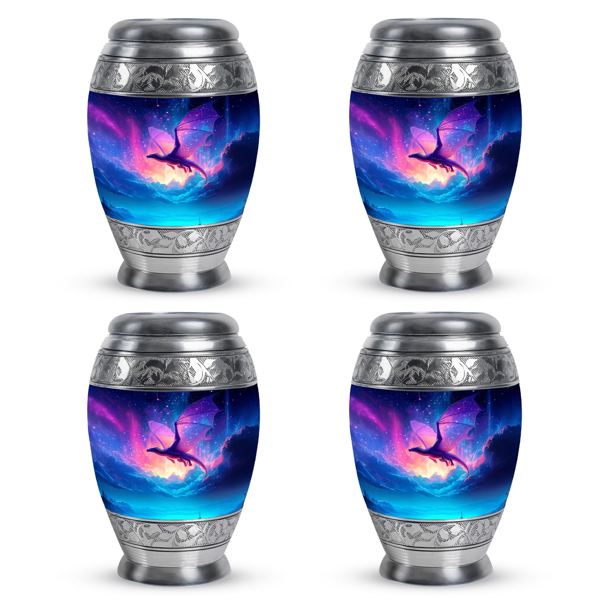 Indigo Dragon Cremation Urn urn with complimentary velvet bag - ornate monarch-style dragon relief on brushed aluminum - 10 inch aluminum urn for cremated remains