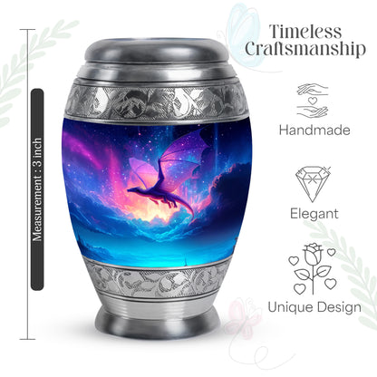 Calming Blue Dragon Cremation Urn lifestyle display on memorial shelf - majestic dragon pattern with filigree border - mini keepsake memorial for portion of cremation ashes
