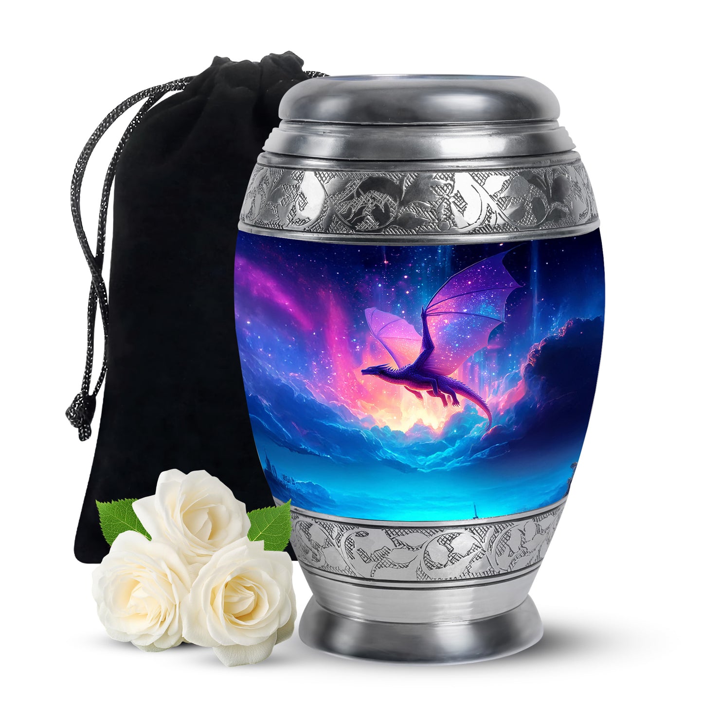 Bright Blue Dragon Cremation Urn back view with polished surface - royal dragon engraving with decorative scrollwork - full-size 10 inch 200 cubic inch adult cremation urn