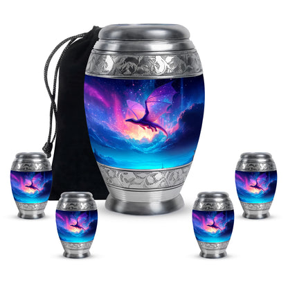 Sapphire Blue Dragon Cremation Urn detail view - majestic dragon pattern with filigree border - memorial set with one large and four small urns
