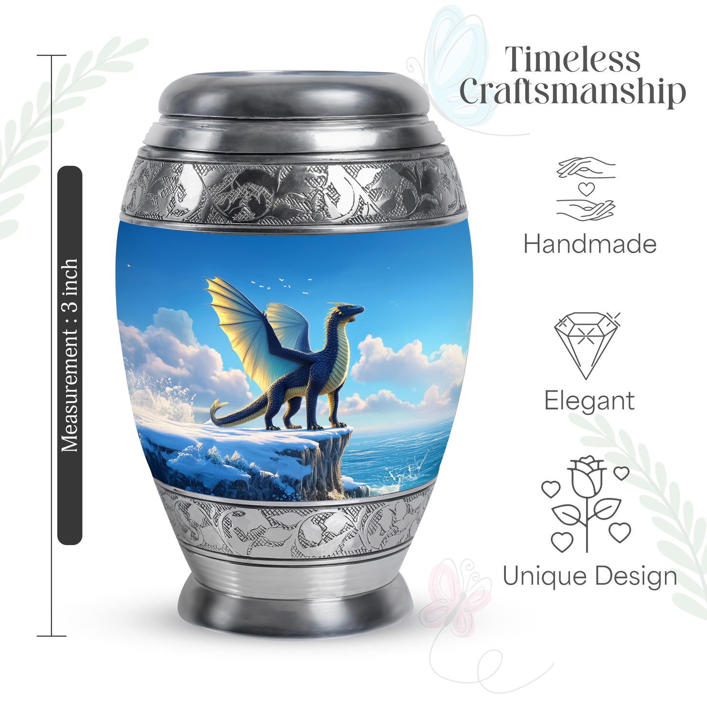 Vivid Blue Dragon Cremation Urn lifestyle display on memorial shelf - royal dragon engraving with decorative scrollwork - mini keepsake memorial for portion of cremation ashes