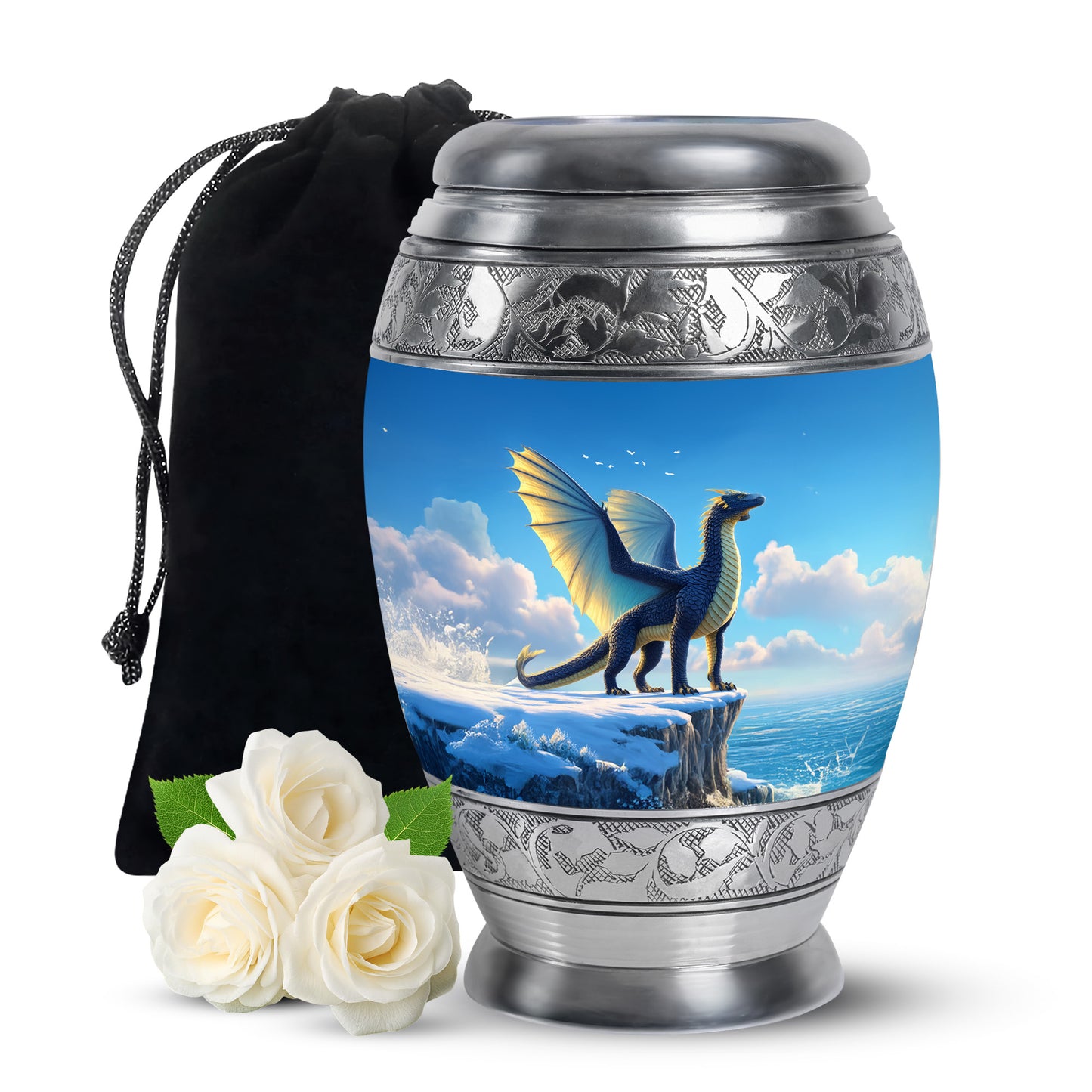 Navy Blue Dragon Cremation Urn back view with polished surface - ornate monarch-style dragon relief on brushed aluminum - full-size 10 inch 200 cubic inch adult cremation urn
