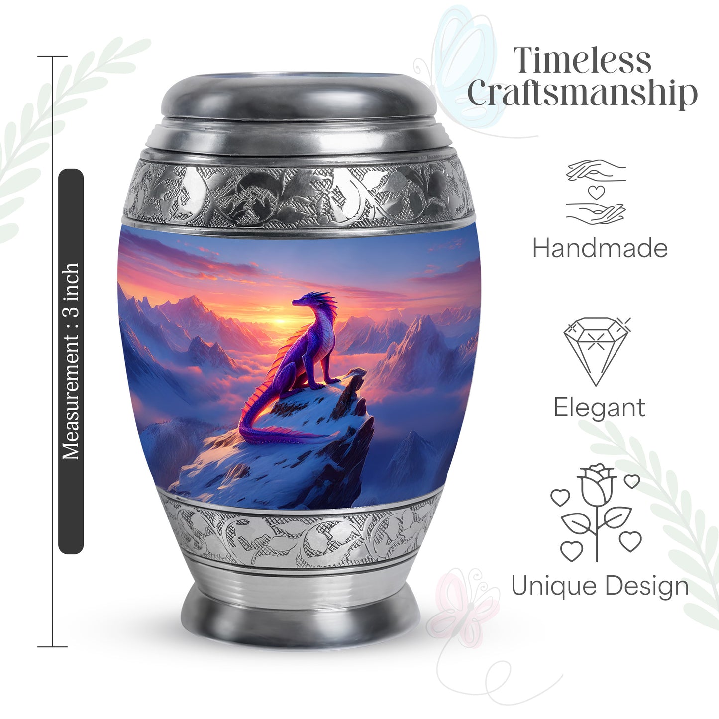 Sapphire Blue Dragon Cremation Urn lifestyle display on memorial shelf - royal dragon engraving with decorative scrollwork - mini keepsake memorial for portion of cremation ashes
