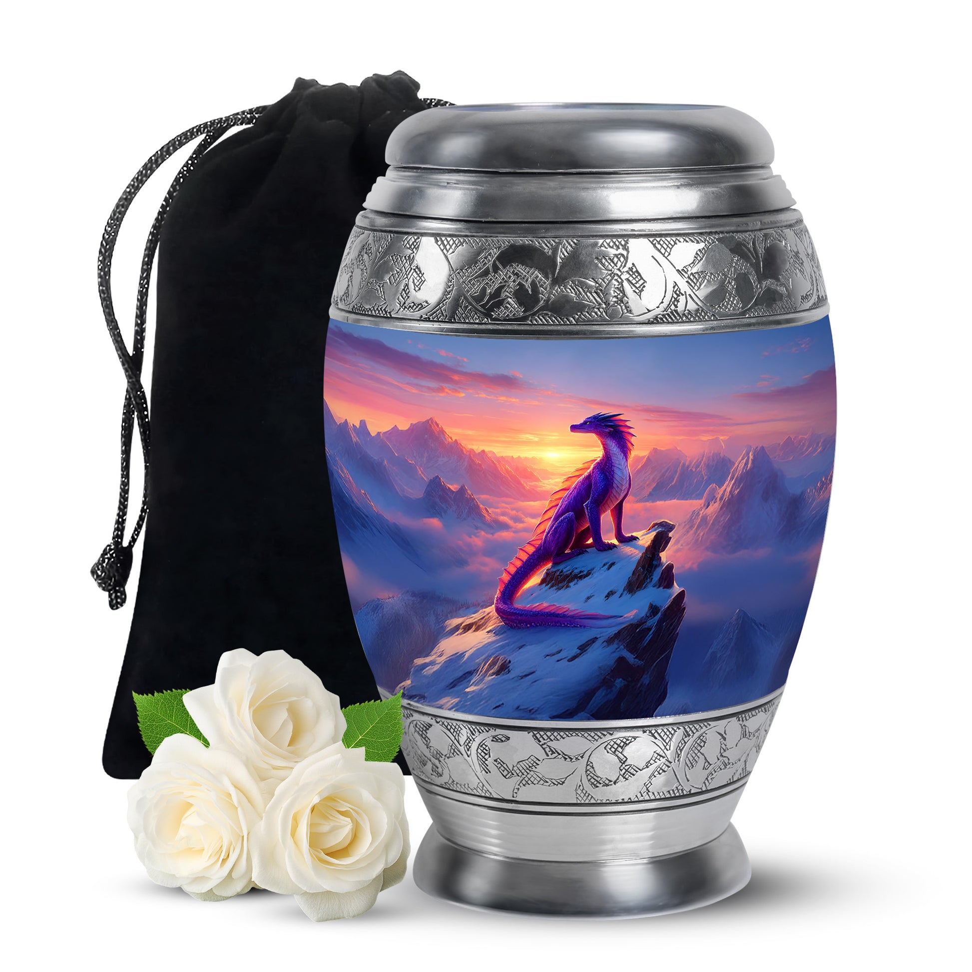 Vivid Blue Dragon Cremation Urn back view with polished surface - majestic dragon pattern with filigree border - full-size 10 inch 200 cubic inch adult cremation urn