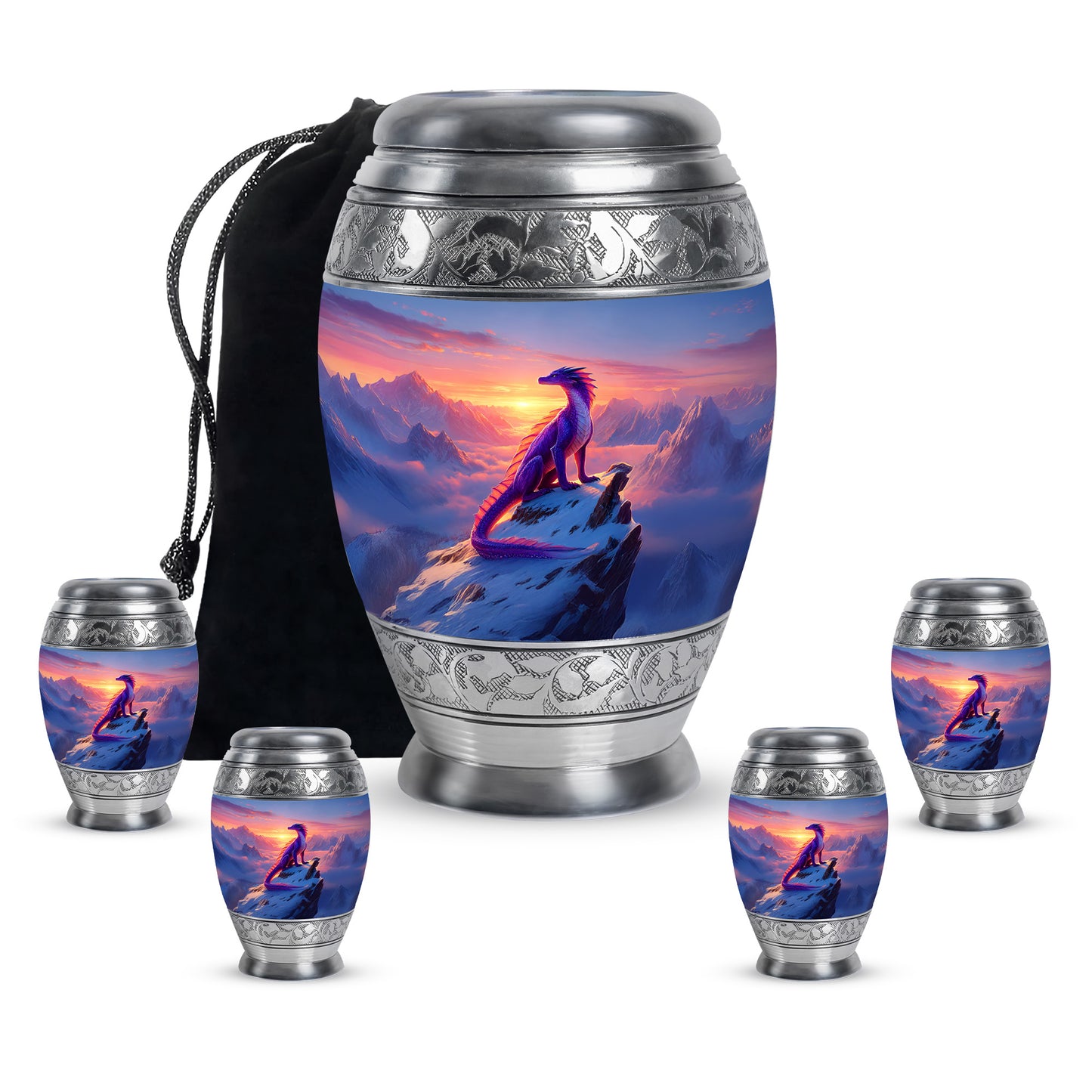 Soft Blue Dragon Cremation Urn detail view - majestic dragon pattern with filigree border - memorial set with one large and four small urns