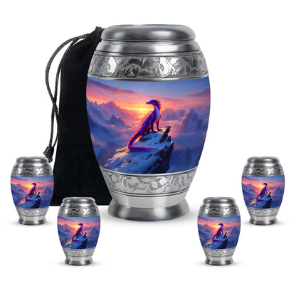 Soft Blue Dragon Cremation Urn detail view - majestic dragon pattern with filigree border - memorial set with one large and four small urns