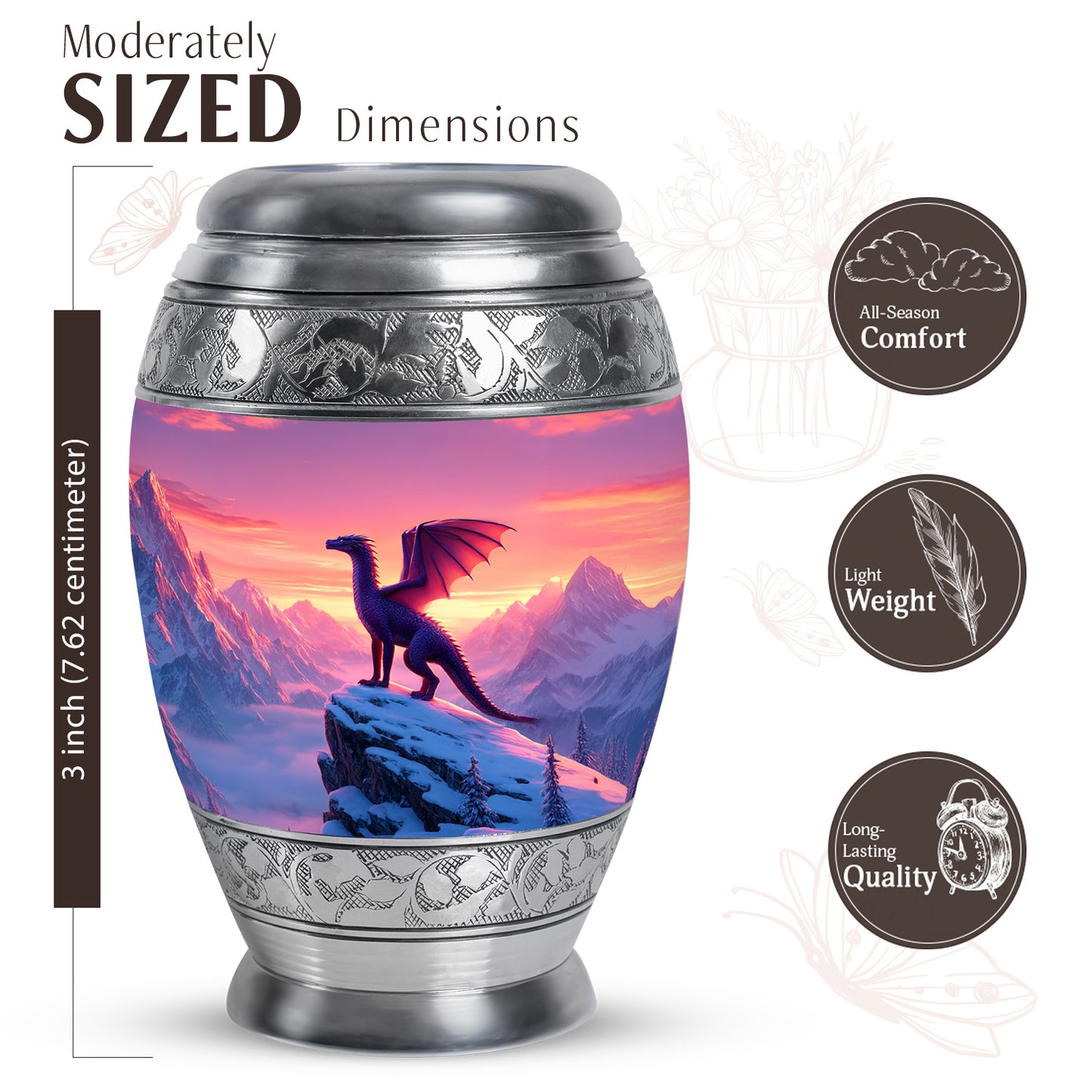 Rose Pink Dragon Cremation Urn lifestyle display on memorial shelf - ornate monarch-style dragon relief on brushed aluminum - mini keepsake memorial for portion of cremation ashes