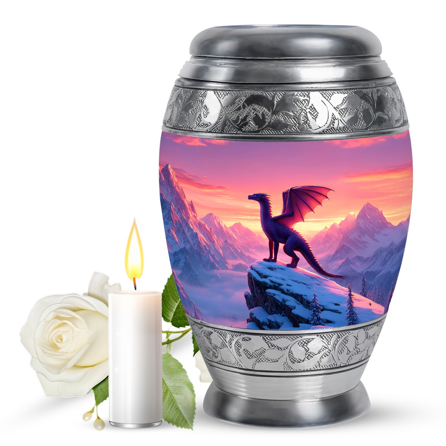 Blush Pink Dragon Cremation Urn back view with polished surface - ornate monarch-style dragon relief on brushed aluminum - full-size 10 inch 200 cubic inch adult cremation urn