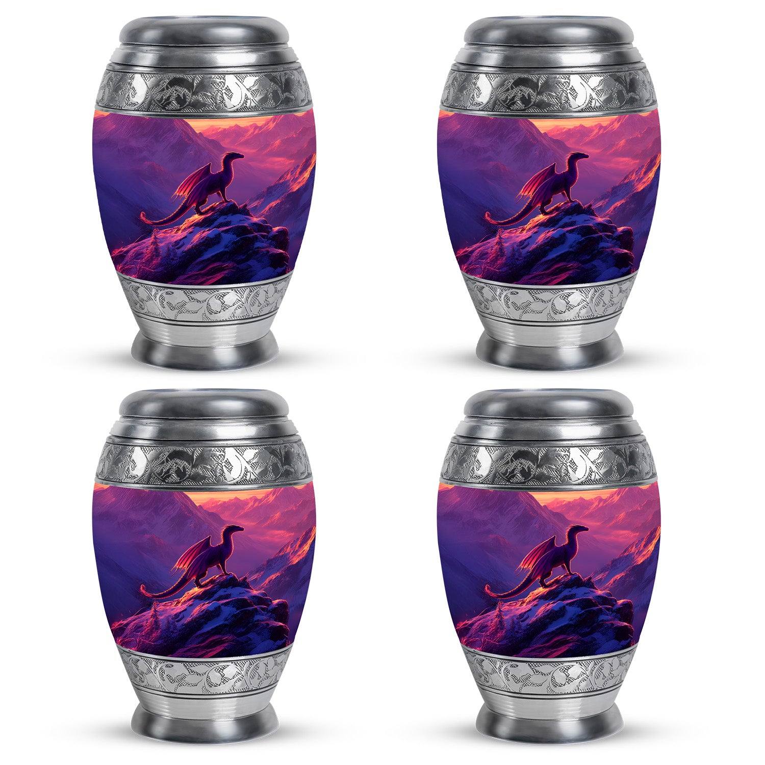 Deep Purple Dragon Cremation Urn urn with complimentary velvet bag - ornate monarch-style dragon relief on brushed aluminum - 10 inch aluminum urn for cremated remains