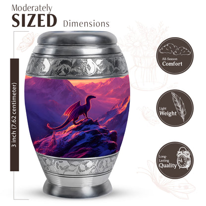Royal Purple Dragon Cremation Urn lifestyle display on memorial shelf - majestic dragon pattern with filigree border - mini keepsake memorial for portion of cremation ashes