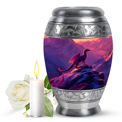 Violet Purple Dragon Cremation Urn back view with polished surface - royal dragon engraving with decorative scrollwork - full-size 10 inch 200 cubic inch adult cremation urn