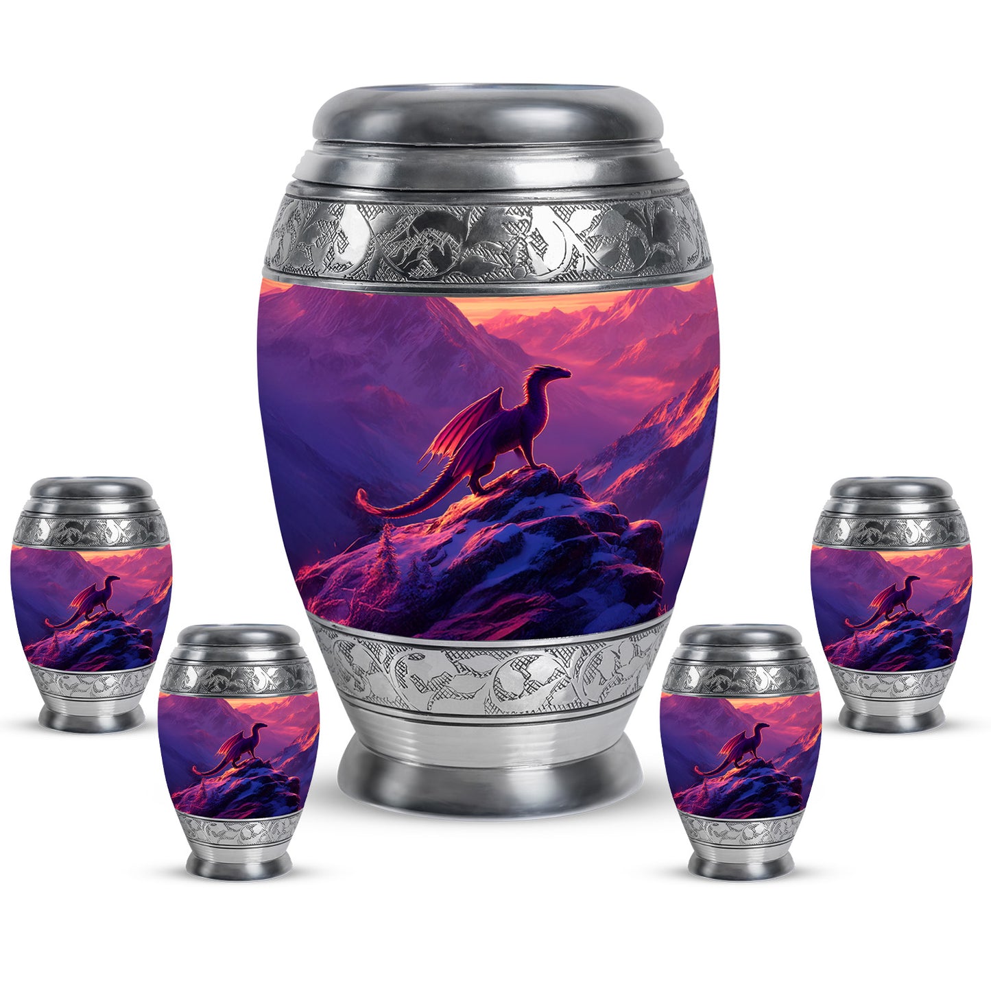 Amethyst Purple Dragon Cremation Urn detail view - ornate monarch-style dragon relief on brushed aluminum - memorial set with one large and four small urns