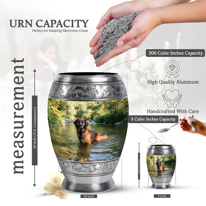 Jade Green Dog Cremation Urn lifestyle display on memorial shelf - regal dog design with crown-inspired accents - mini keepsake memorial for portion of cremation ashes