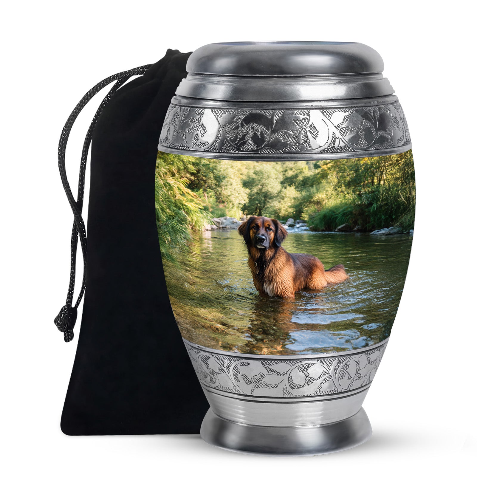 Sage Green Dog Cremation Urn back view with polished surface - regal dog design with crown-inspired accents - full-size 10 inch 200 cubic inch adult cremation urn