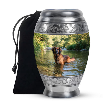 Sage Green Dog Cremation Urn back view with polished surface - regal dog design with crown-inspired accents - full-size 10 inch 200 cubic inch adult cremation urn