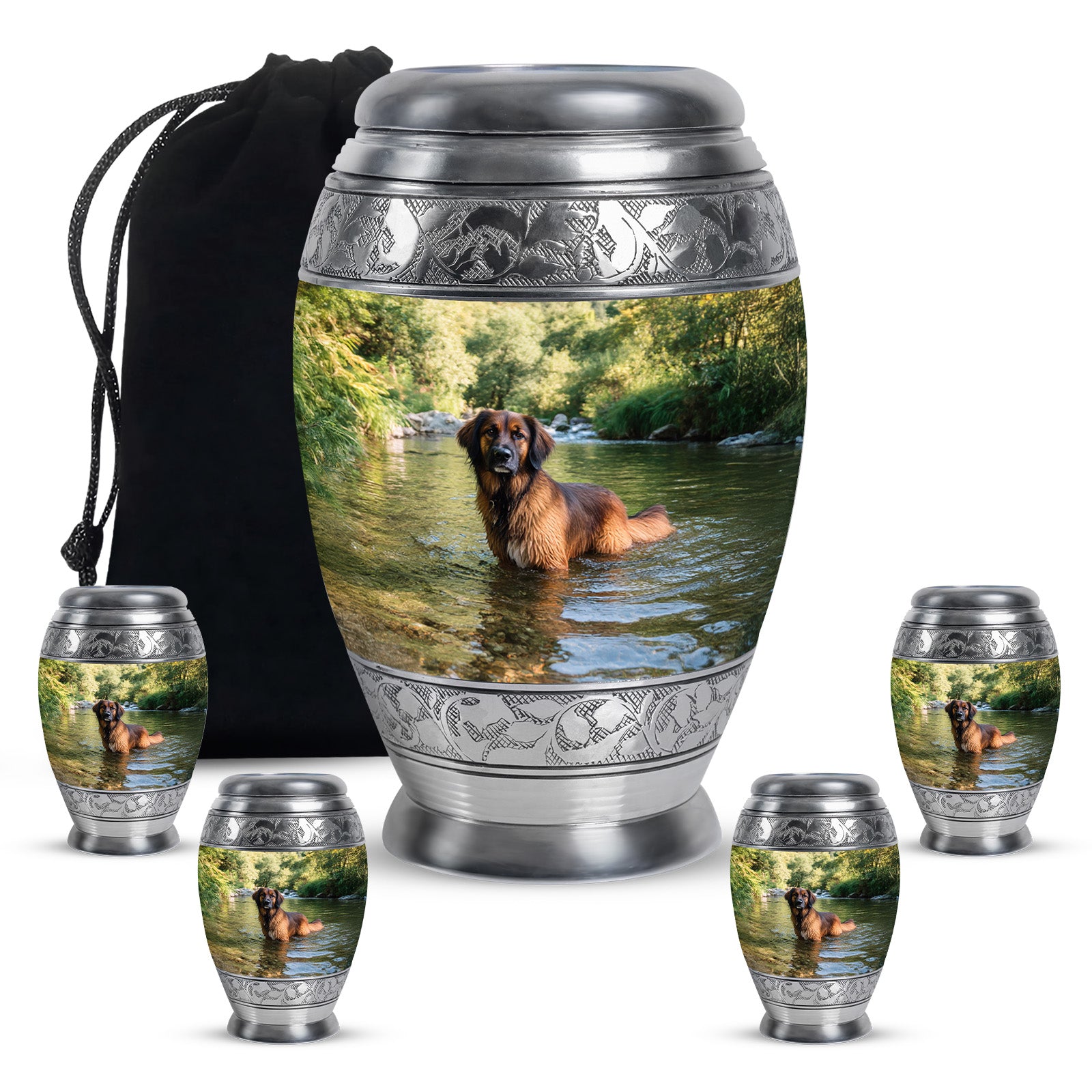 Emerald Green Dog Cremation Urn detail view - regal dog design with crown-inspired accents - memorial set with one large and four small urns