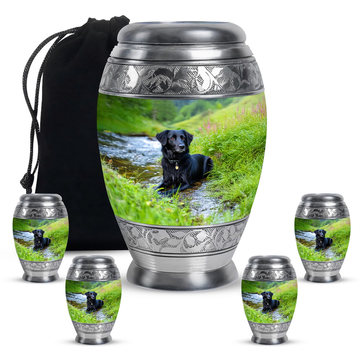 Mystic Teal Dog Cremation Urn detail view - majestic dog pattern with filigree border - memorial set with one large and four small urns