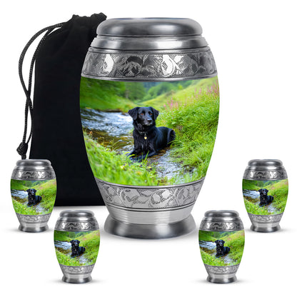 Mystic Teal Dog Cremation Urn detail view - majestic dog pattern with filigree border - memorial set with one large and four small urns
