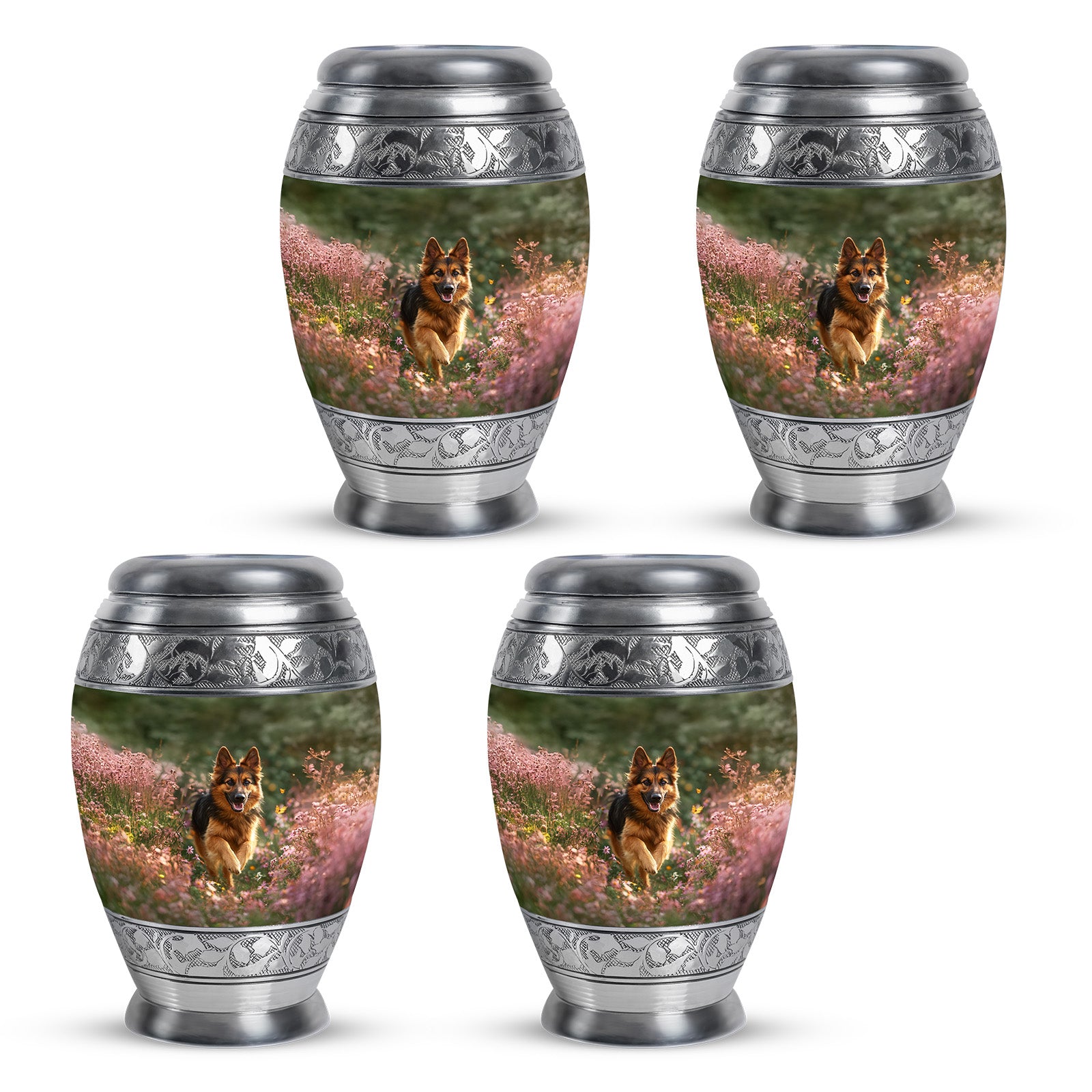 Soft Yellow Dog Cremation Urn urn with complimentary velvet bag - royal dog engraving with decorative scrollwork - 10 inch aluminum urn for cremated remains