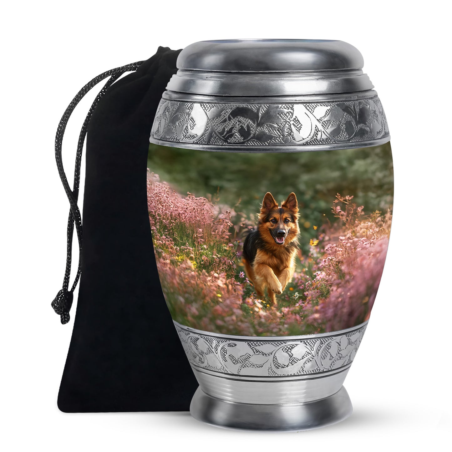 Sunshine Yellow Dog Cremation Urn back view with polished surface - royal dog engraving with decorative scrollwork - full-size 10 inch 200 cubic inch adult cremation urn