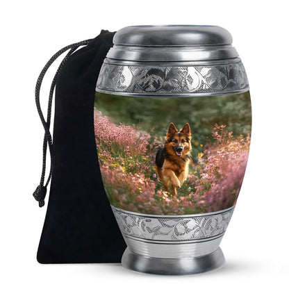 Sunshine Yellow Dog Cremation Urn back view with polished surface - royal dog engraving with decorative scrollwork - full-size 10 inch 200 cubic inch adult cremation urn