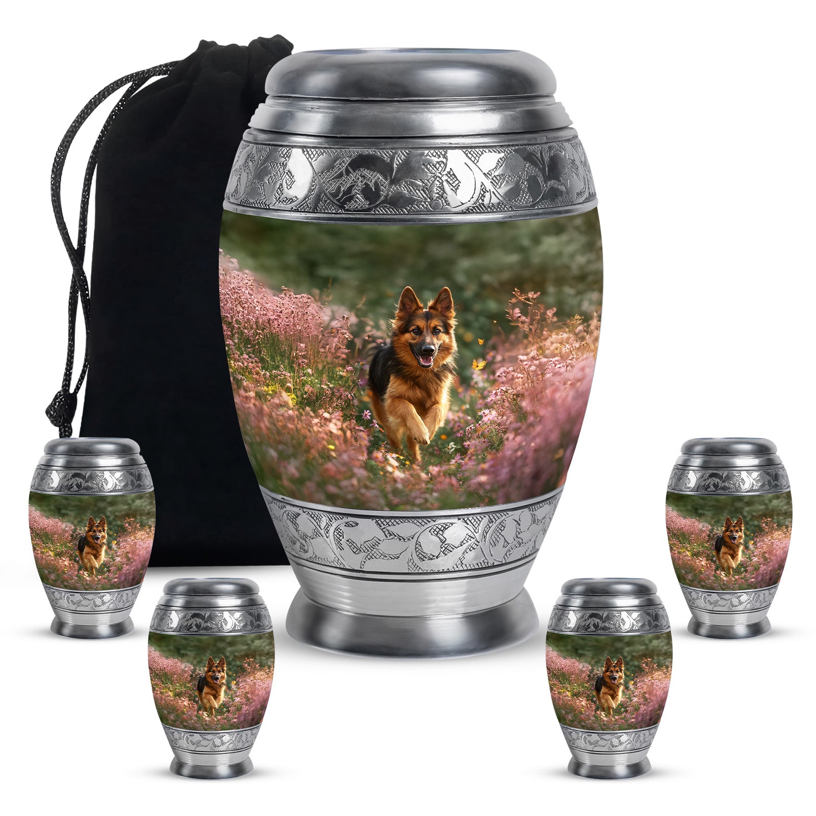 Marigold Yellow Dog Cremation Urn detail view - majestic dog pattern with filigree border - memorial set with one large and four small urns