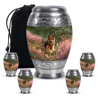 Marigold Yellow Dog Cremation Urn detail view - majestic dog pattern with filigree border - memorial set with one large and four small urns