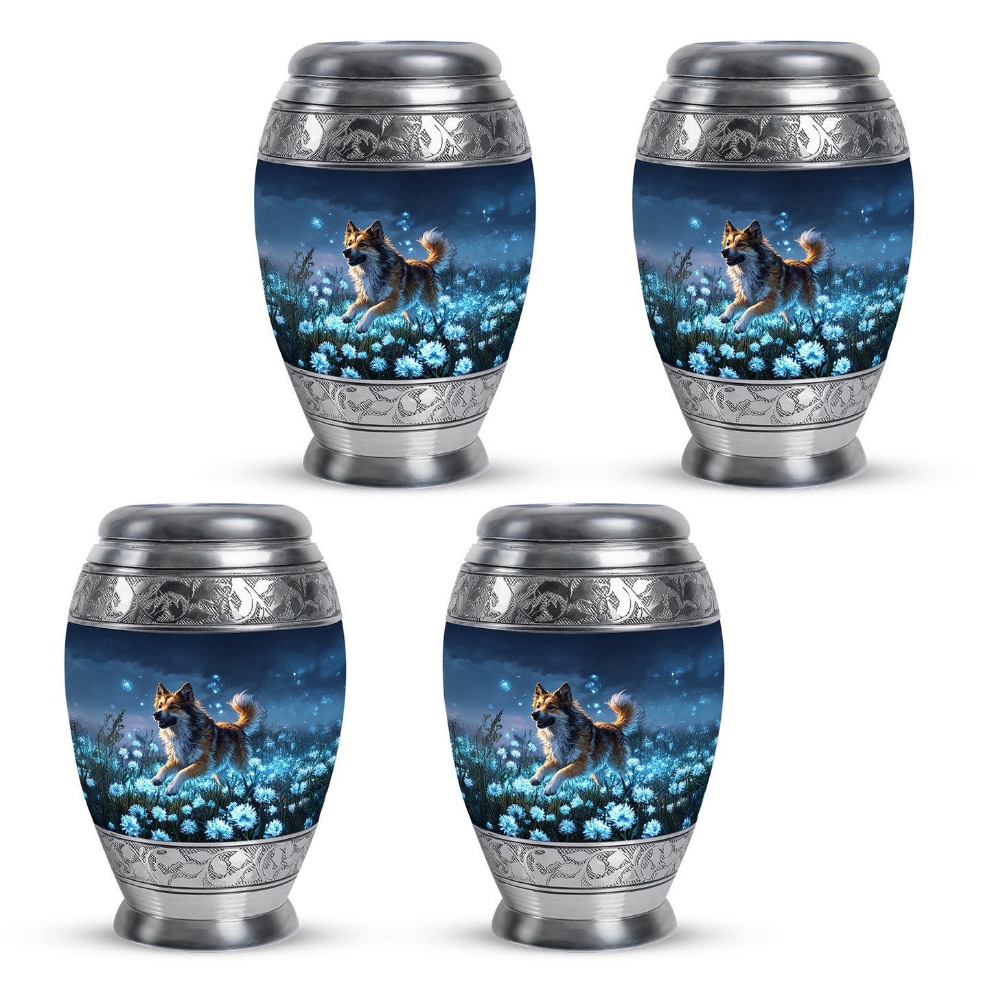 Azure Dog Cremation Urn urn with complimentary velvet bag - ornate monarch-style dog relief on brushed aluminum - 10 inch aluminum urn for cremated remains
