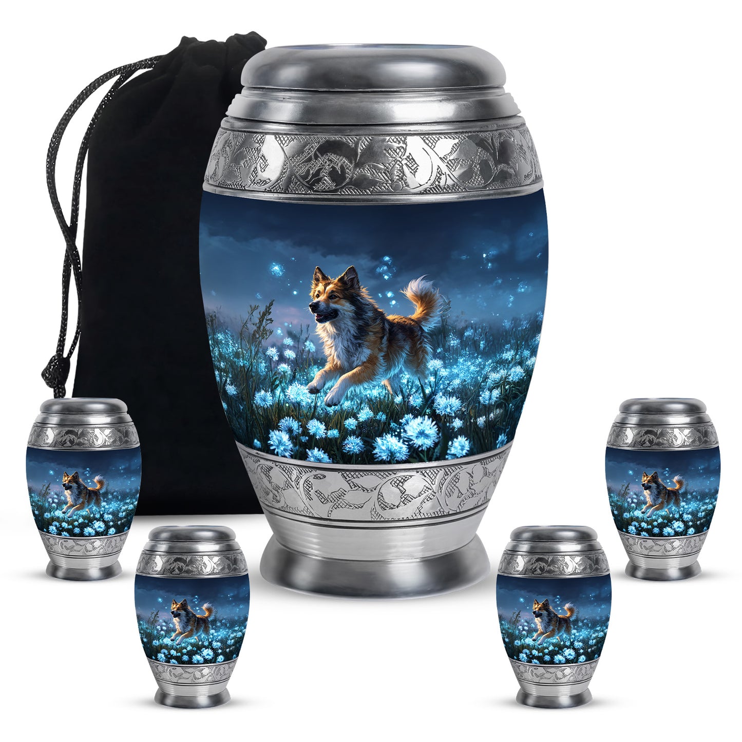 Twilight Blue Dog Cremation Urn detail view - majestic dog pattern with filigree border - memorial set with one large and four small urns