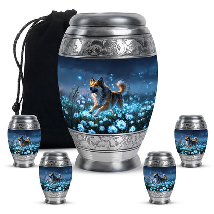 Twilight Blue Dog Cremation Urn detail view - majestic dog pattern with filigree border - memorial set with one large and four small urns
