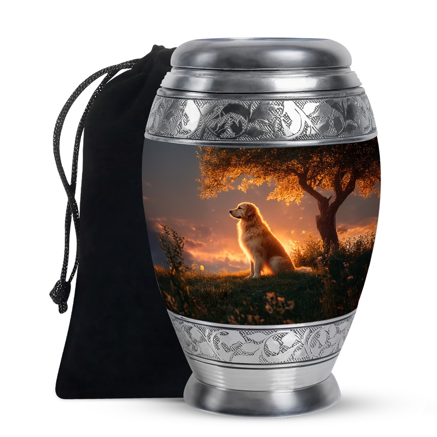Deep Black Dog Cremation Urn back view with polished surface - ornate monarch-style dog relief on brushed aluminum - full-size 10 inch 200 cubic inch adult cremation urn