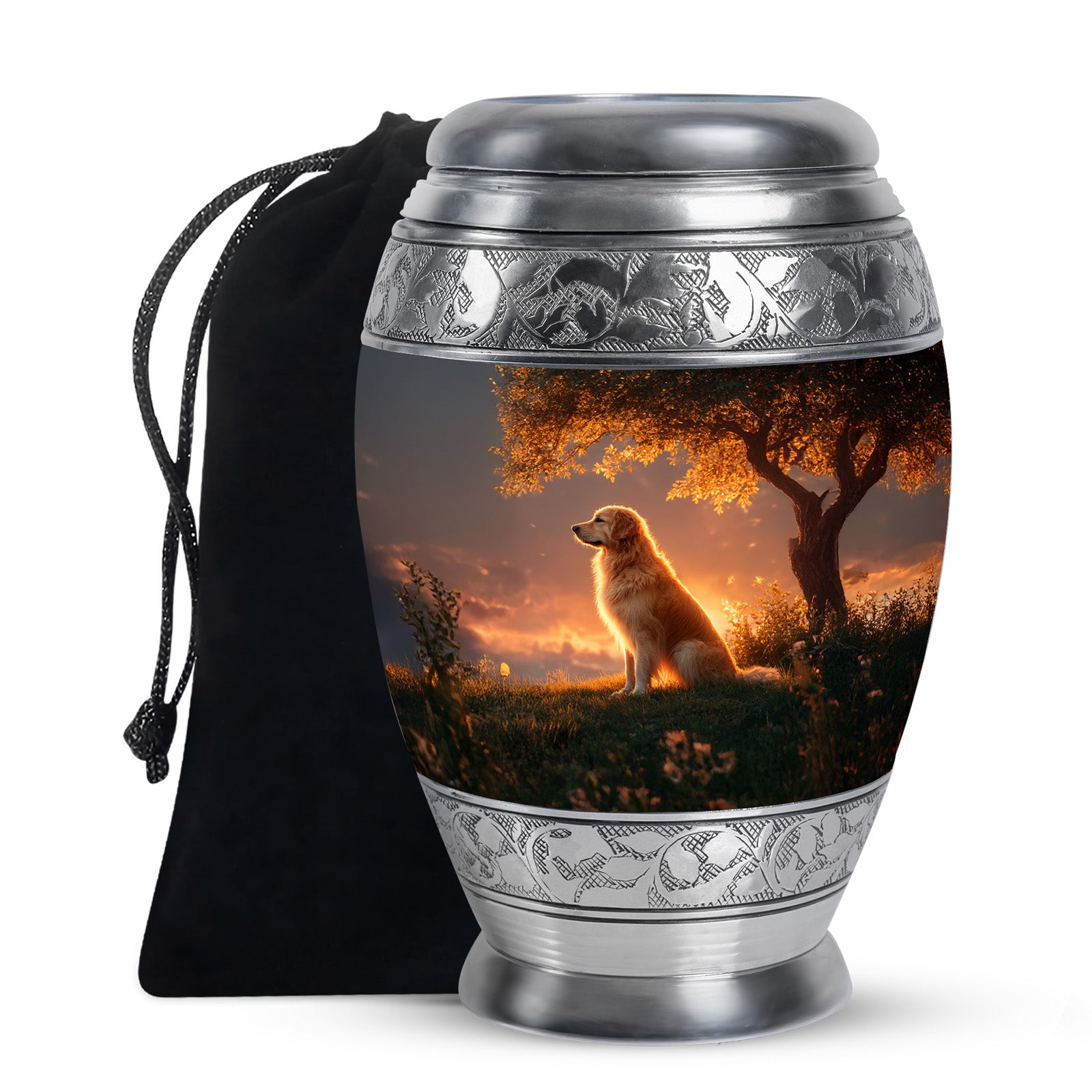 Deep Black Dog Cremation Urn back view with polished surface - ornate monarch-style dog relief on brushed aluminum - full-size 10 inch 200 cubic inch adult cremation urn