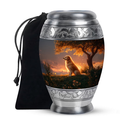 Deep Black Dog Cremation Urn back view with polished surface - ornate monarch-style dog relief on brushed aluminum - full-size 10 inch 200 cubic inch adult cremation urn