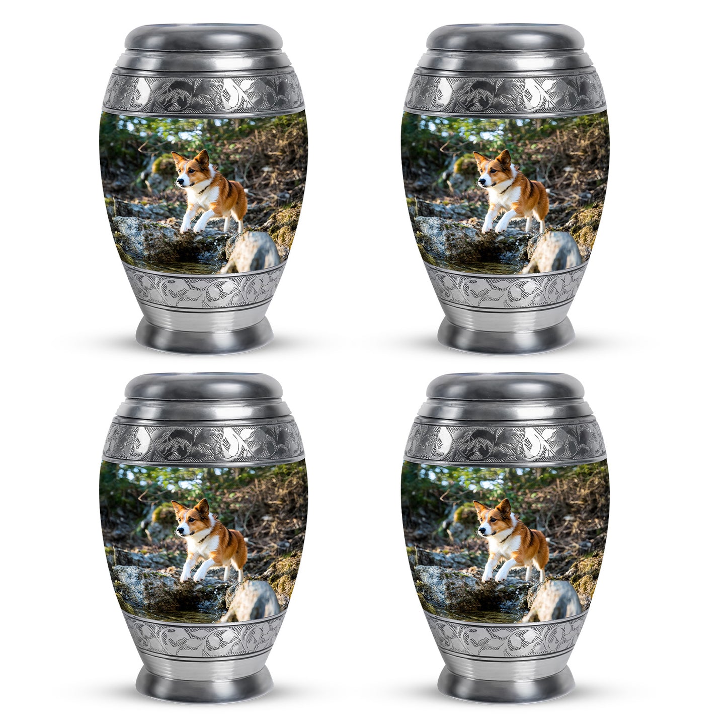 Forest Green Dog Cremation Urn urn with complimentary velvet bag - majestic dog pattern with filigree border - 10 inch aluminum urn for cremated remains